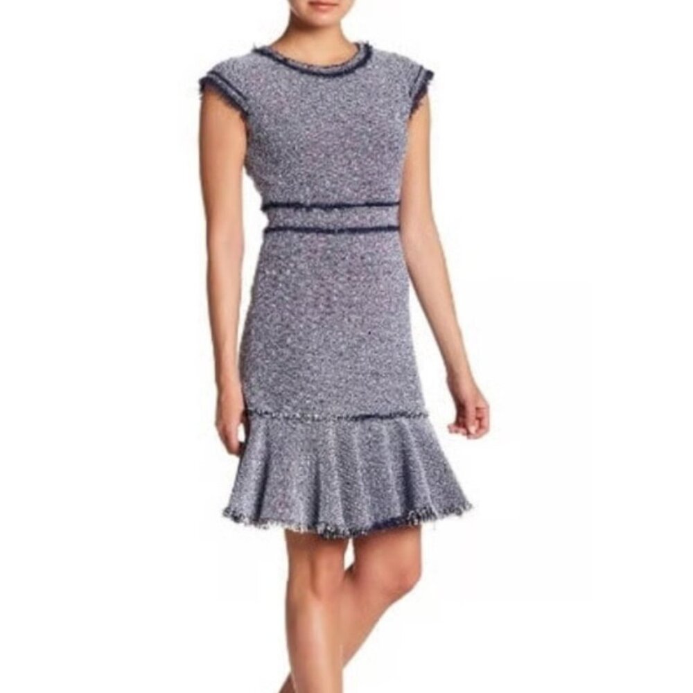 Rebecca Taylor Tweed Ruffle Dress Women 6 Blue Knee Length Preppy Office Classic